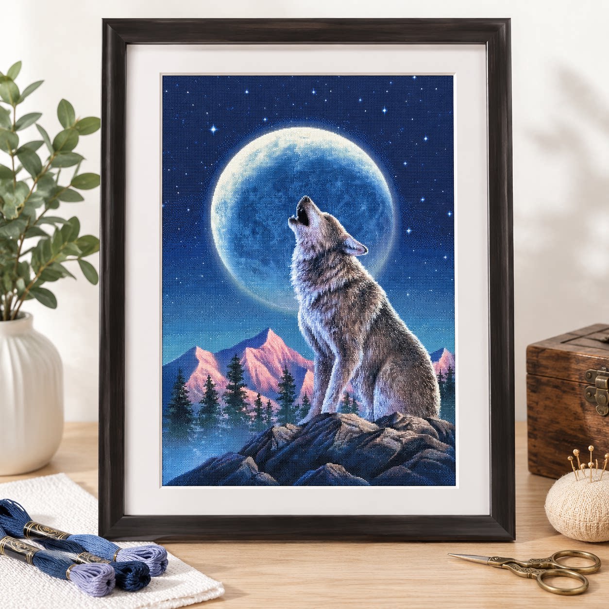 [ZZ9252-ذئب وحيد تحت ضوء القمر - مراجعة Cross Stitch Stamped Kits Beginners وسعره